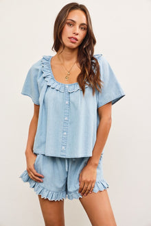  Denim Ruffle Blouse