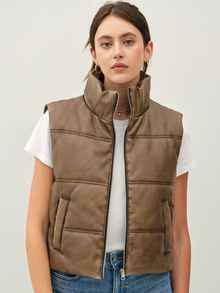  Faux Leather Puffer Vest - Brown