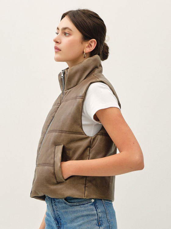 Faux Leather Puffer Vest - Brown