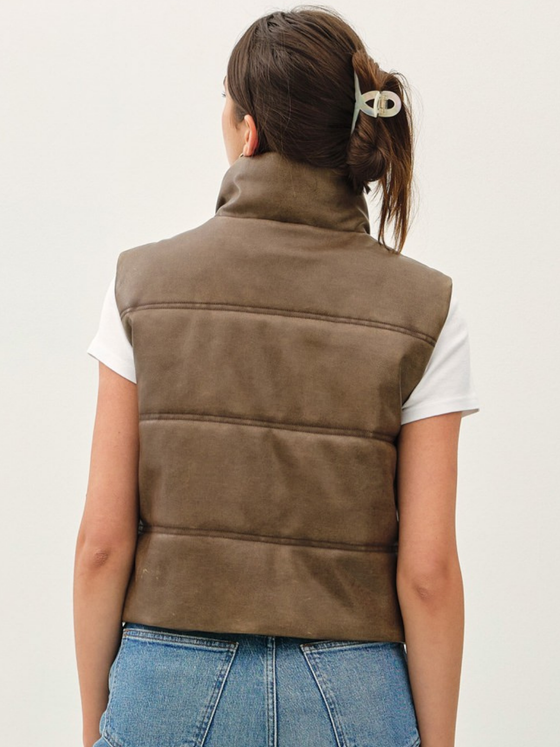 Faux Leather Puffer Vest - Brown