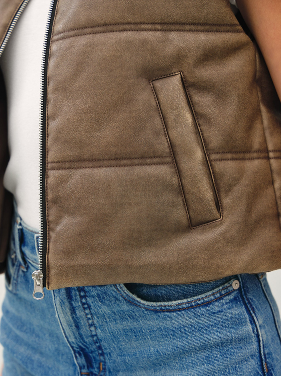 Faux Leather Puffer Vest - Brown