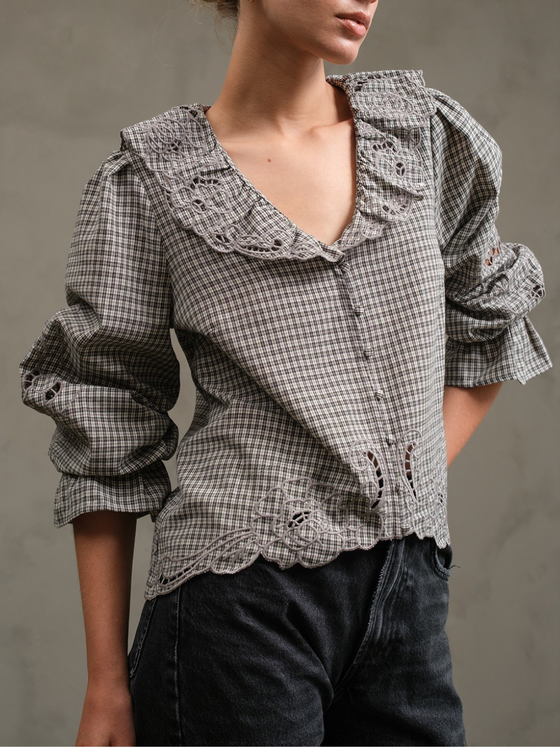 Embroidered Check Blouse - Charcoal