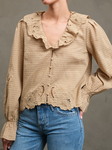  Embroidered Check Blouse - Mustard